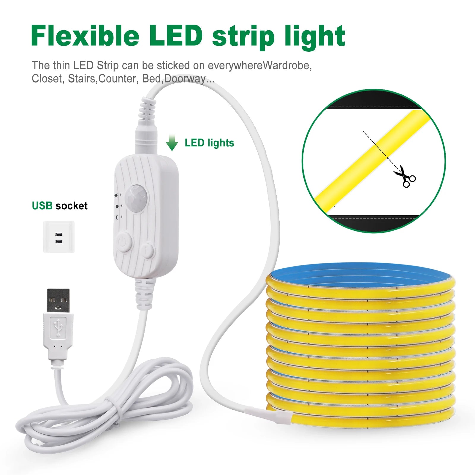 LED COB Light Strip Motion Sensor Flexible Diode Tape 3mm 5V USB Linear Indoor Lighting Lamp Room DIY TV Mirror Backlight