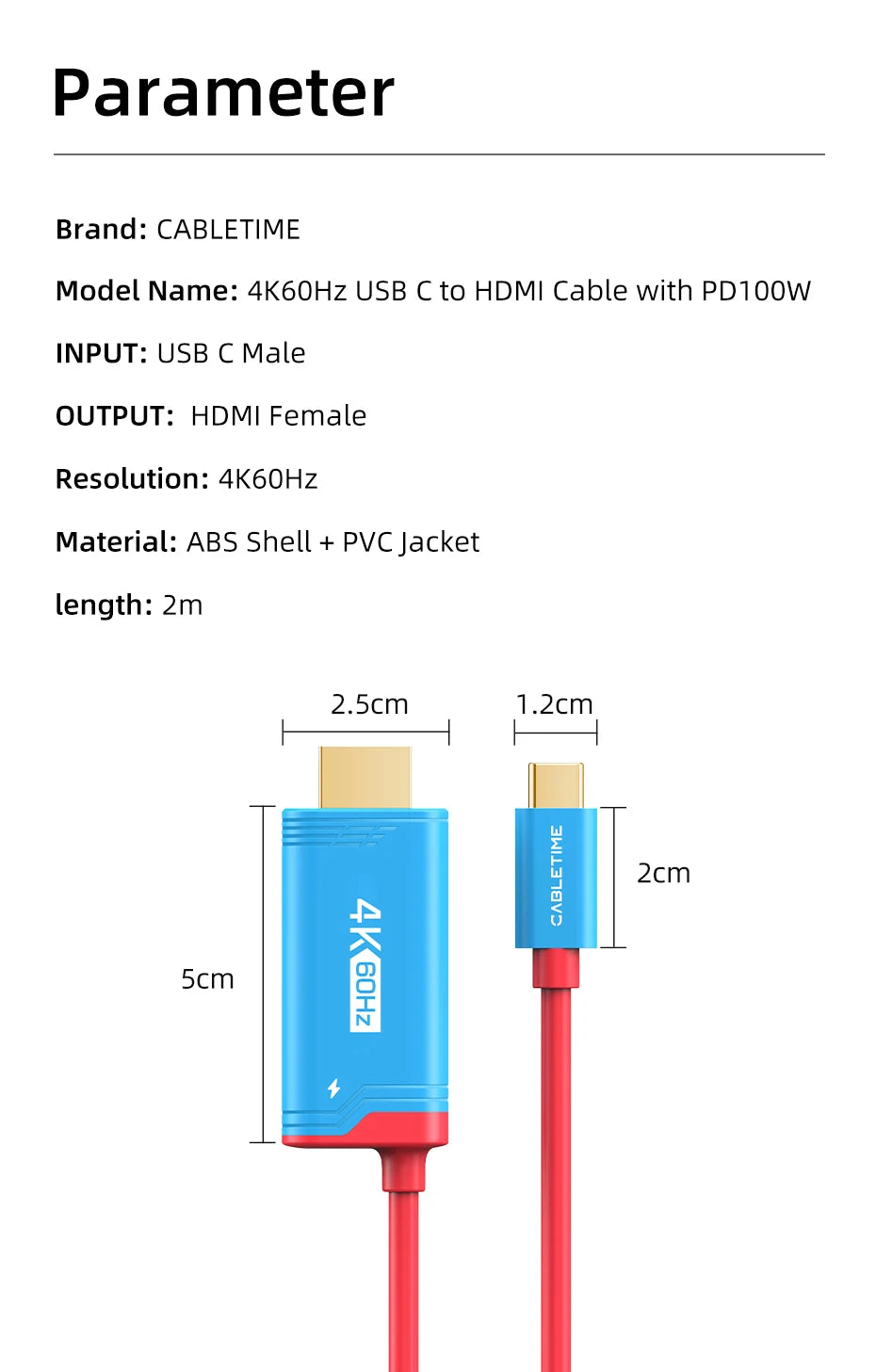 CABLETIME Switch 2 HDMI Cable USB C to HDMI Cable  Adapter 4K 60Hz HDR PD 100W for Nintendo Switch 1 Switch 2 OLED PS4/5 Laptops