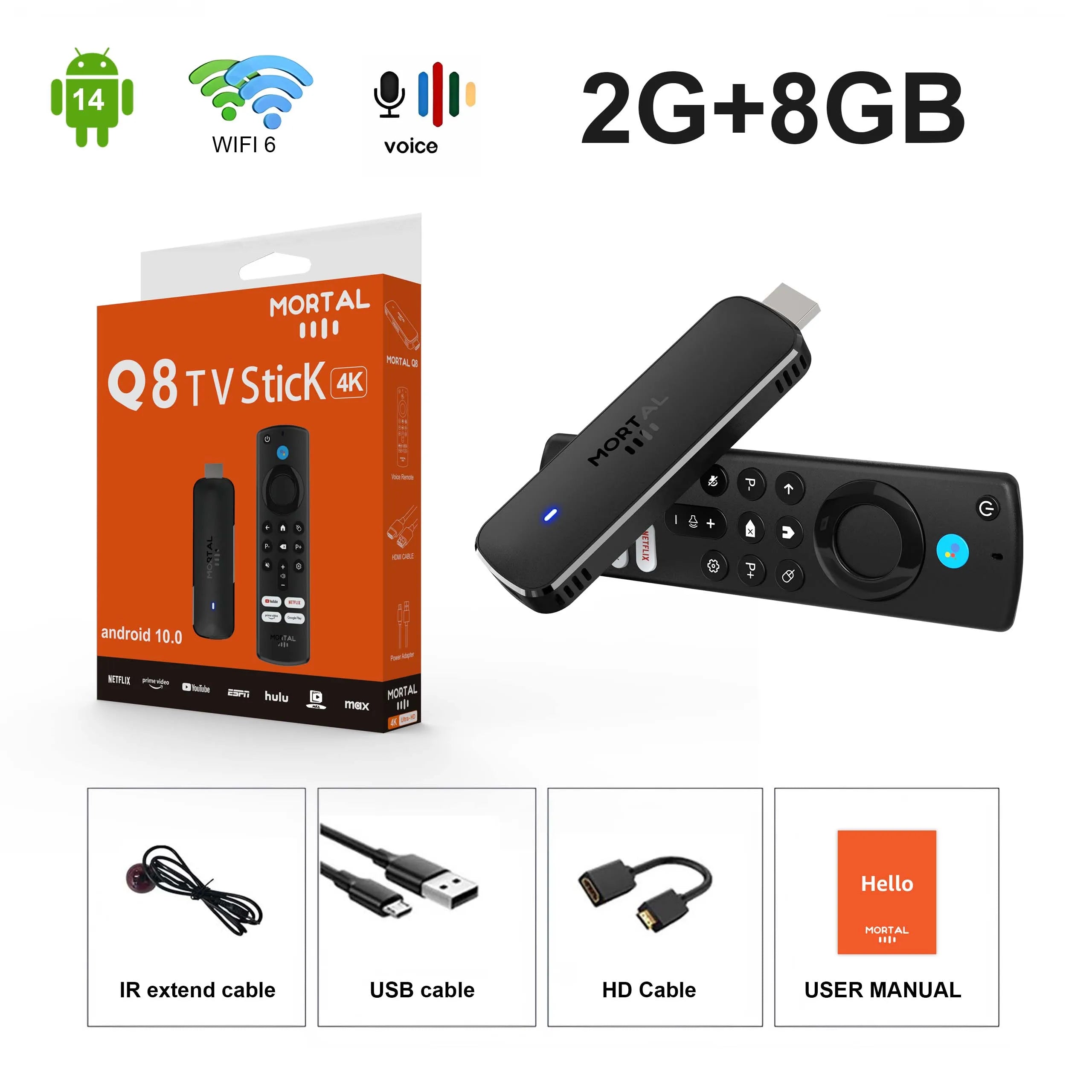 Mortal Android 14 TV Stick Full HD 4K 1080P WiFi 6 Google Voice NETFLIX Youtube Q8 BT5 24Fps Wireless Video Decode Media Player