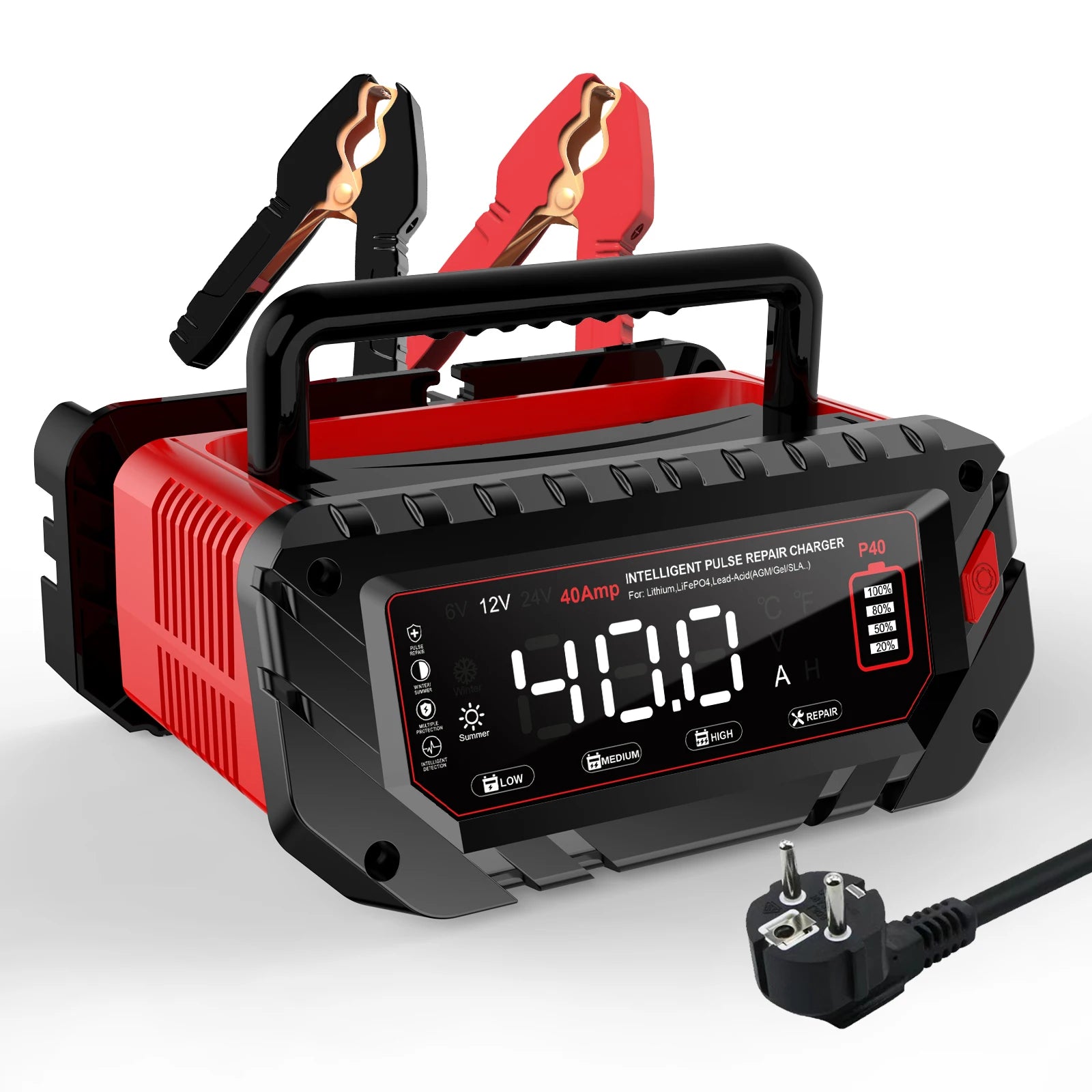 HTRC 40A Battery Charger 6V/12V/24V Automatic Charger for Lithium AGM GEL LiFePO4 Lead-Acid Batteries Car Motorcycle Charger