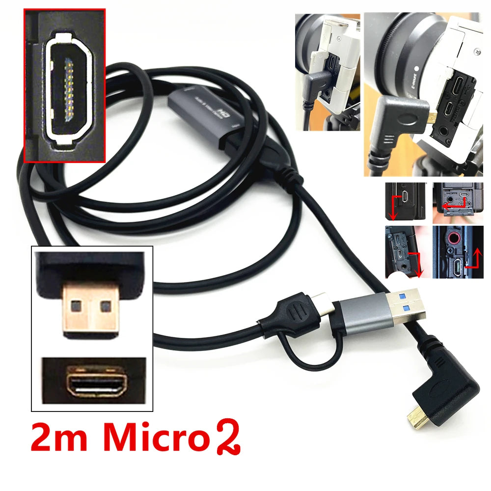 2in1 USB & Type-C to Micro / Mini HDMI-compatible Video Capture Card Live Streaming Cable for Sony Canon Nikon Fuji Camera PC 4K