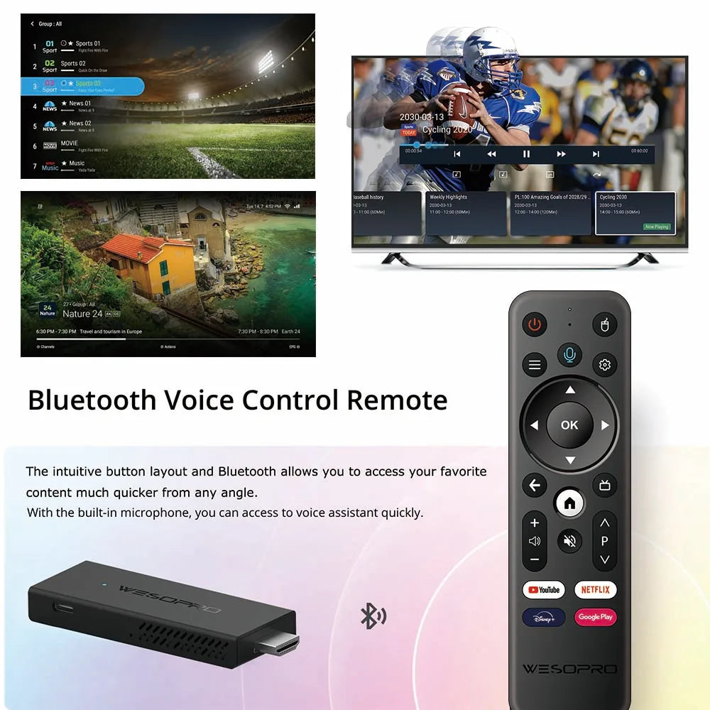 WESOPRO TV Stick G2 Android 12 Smart TV Dongle 2GB RAM 16GB ROM 2.4GHz 5.0GHz Wifi 6 BT5.0 H.265 4K 30pfs VS Xiaomi Mi TV Stick