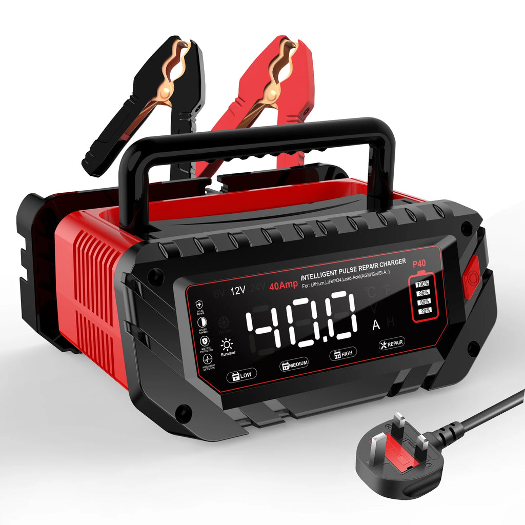 HTRC 40A Battery Charger 6V/12V/24V Automatic Charger for Lithium AGM GEL LiFePO4 Lead-Acid Batteries Car Motorcycle Charger