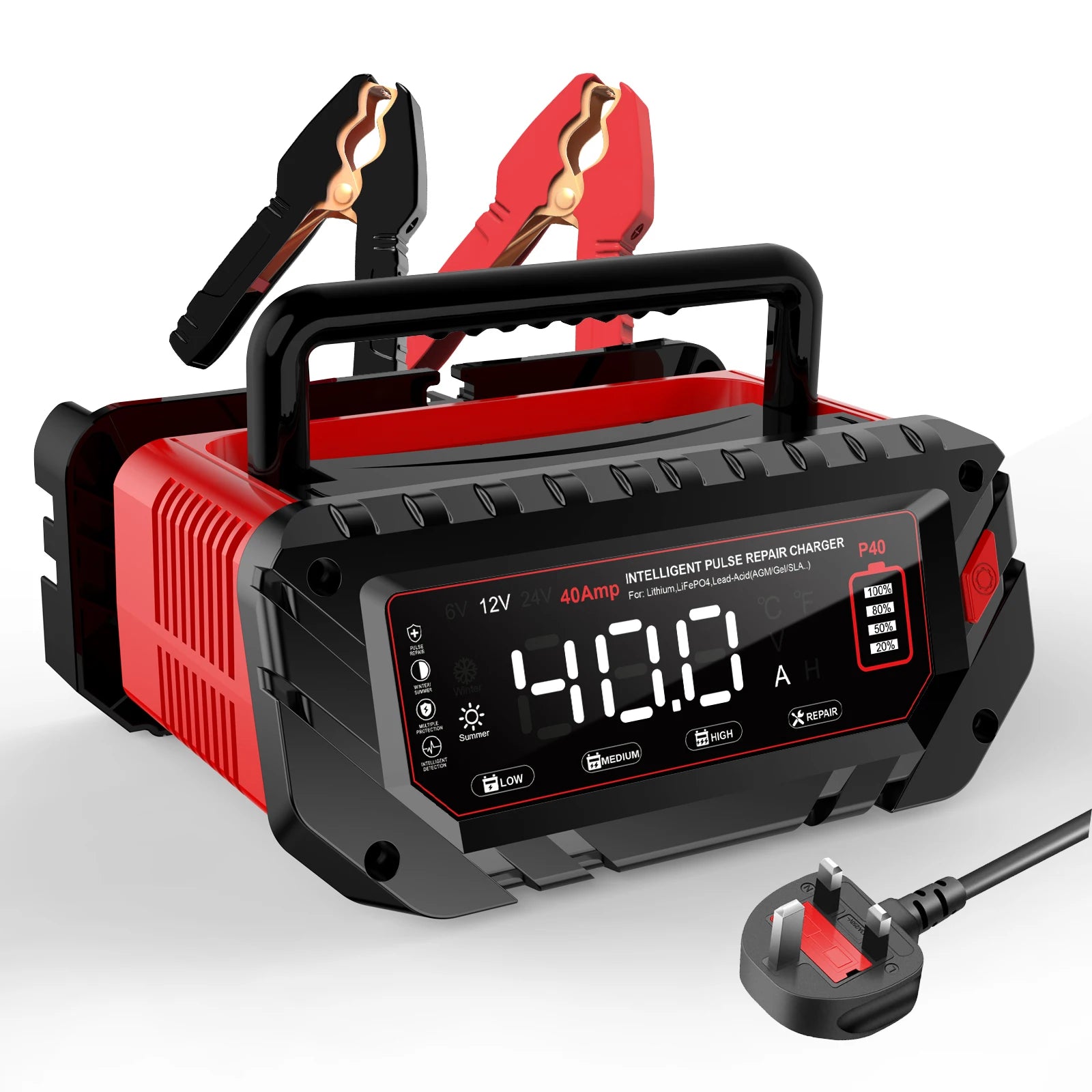 HTRC 40A Battery Charger 6V/12V/24V Automatic Charger for Lithium AGM GEL LiFePO4 Lead-Acid Batteries Car Motorcycle Charger