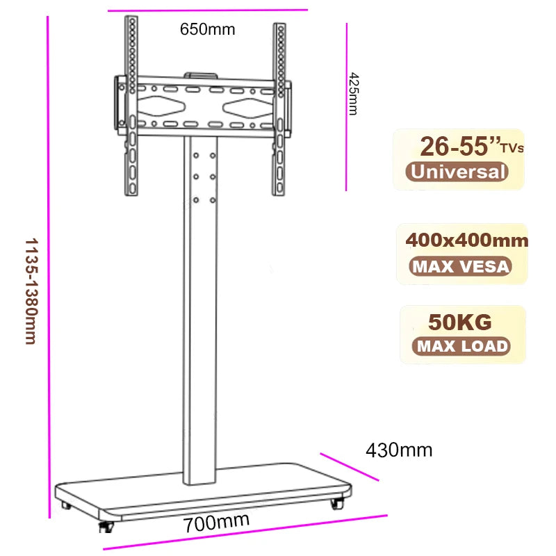 BEISHI Mobile TV Cart for 26-65 Inch TVs up to 110lbs Height Adjustable Shelf Rolling Floor Stand with Wheels VESA 600x400mm
