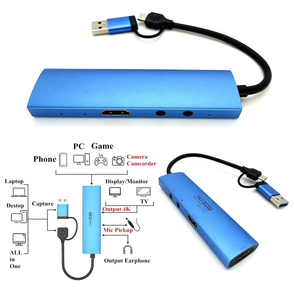 2in1 USB & Type-C to Micro / Mini HDMI-compatible Video Capture Card Live Streaming Cable for Sony Canon Nikon Fuji Camera PC 4K