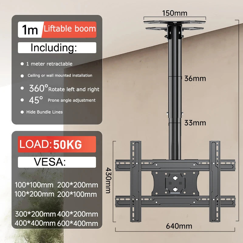 BEISHI TV Ceiling Mount Adjustable Bracket Fits Most LED, LCD Plasma Flat Screen Display 32 to 75 Inch, up to 110 Lbs