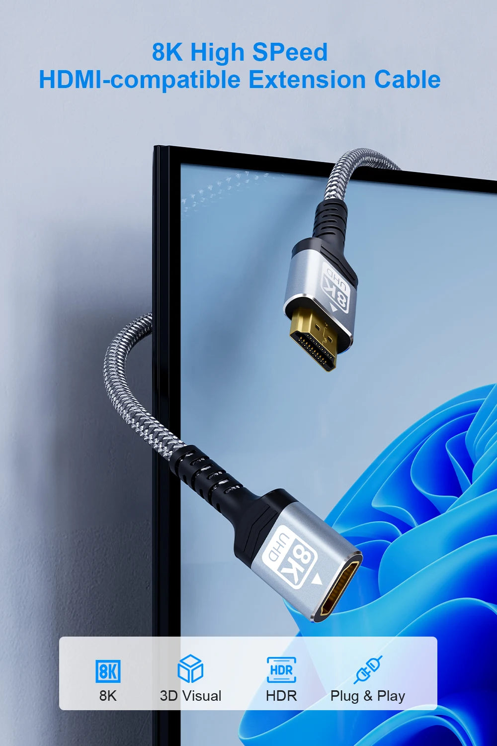 FSU 8K HDMI-compatible Extender cable,Male to Female Adapter,4K@120Hz 8K@60Hz 2.1 48Gbps,Compatible with PS5,PS4,TV PC,Blu-ray