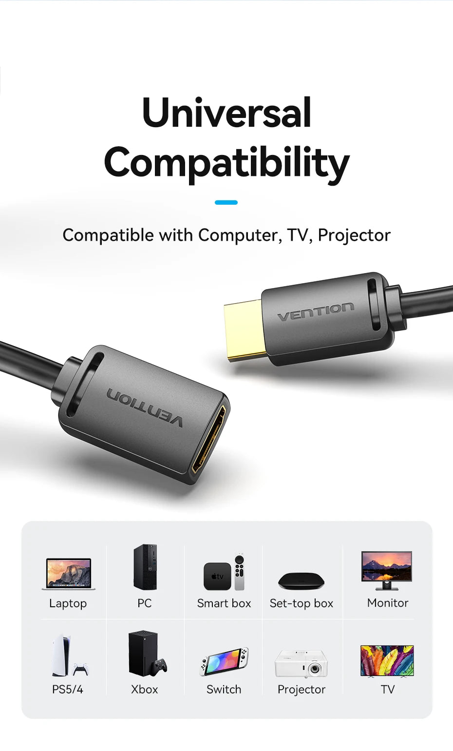 Vention 4K 60Hz HDR HDMI 2.0 Extension Cable for TV HD Nintendo Switch PS4 PS3 PC HDMI Male to Female Extender Adapter Cord