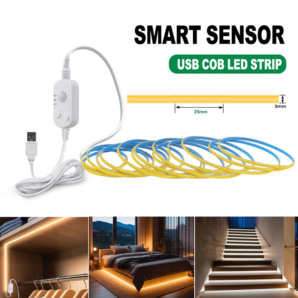 LED COB Light Strip Motion Sensor Flexible Diode Tape 3mm 5V USB Linear Indoor Lighting Lamp Room DIY TV Mirror Backlight