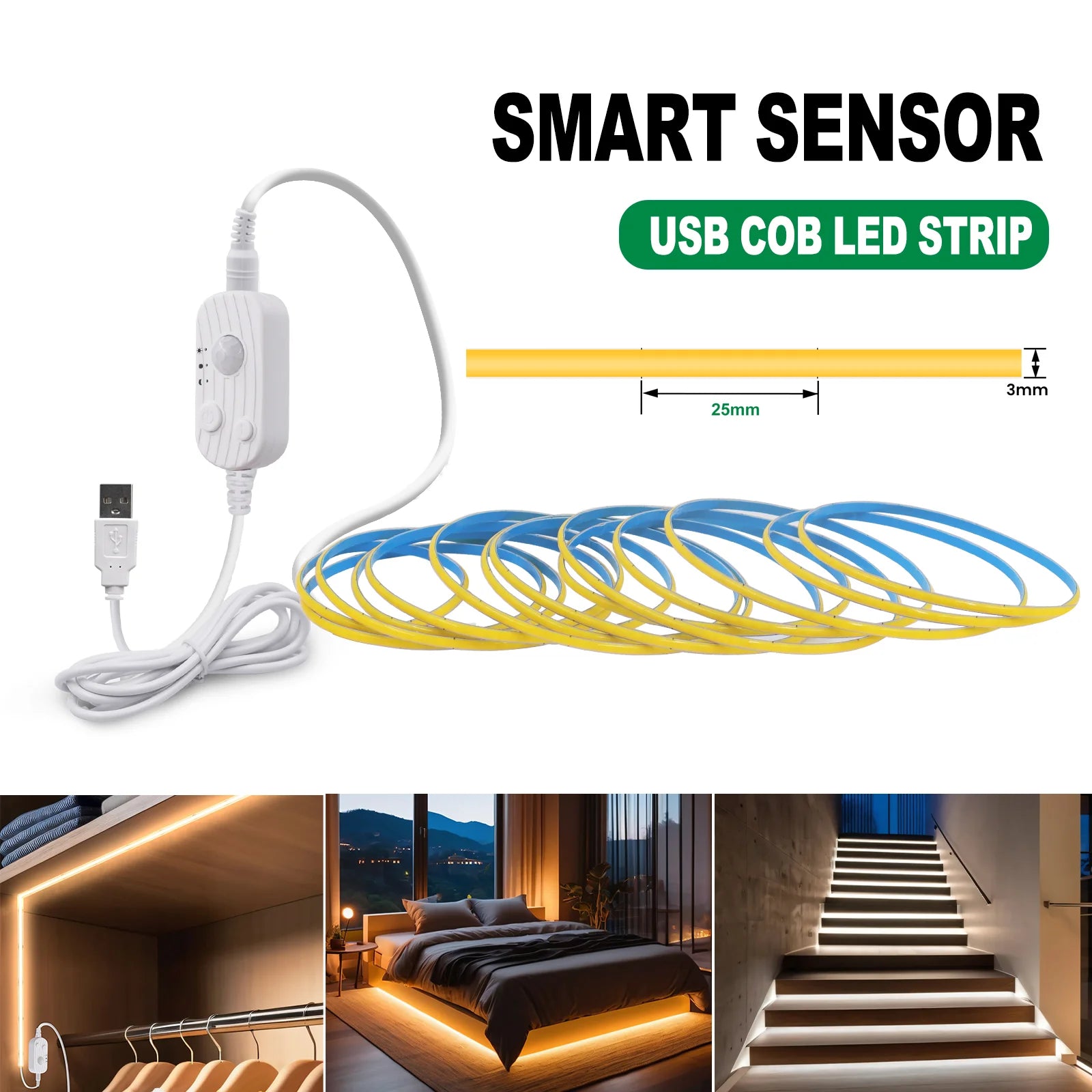 LED COB Light Strip Motion Sensor Flexible Diode Tape 3mm 5V USB Linear Indoor Lighting Lamp Room DIY TV Mirror Backlight